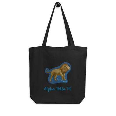 Alpha Delta Pi Alphie the Lion Eco Tote Bag in black shown on a hook