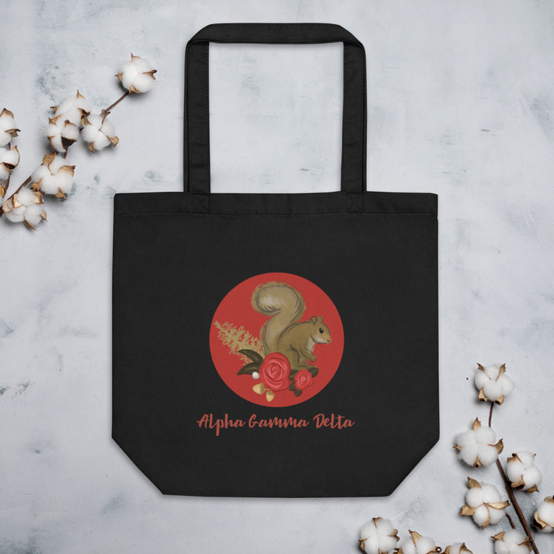 Alpha Gamma Delta Squirrel Mascot Circle Eco Tote Bag shown flat in black