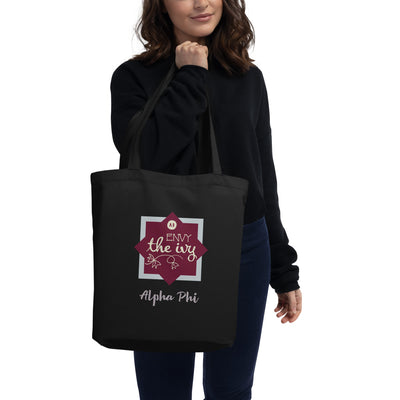 Alpha Phi Envy The Ivy classic tote bag shown on model.