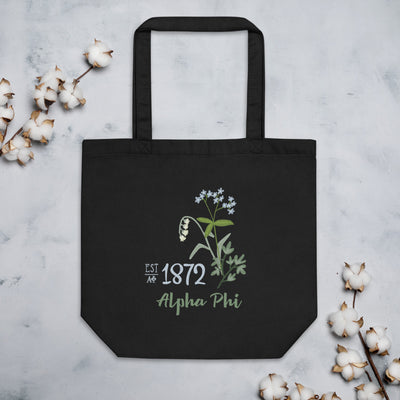 Alpha Phi 1872 Founders Day Eco Tote Bag shown flat with cotton in black