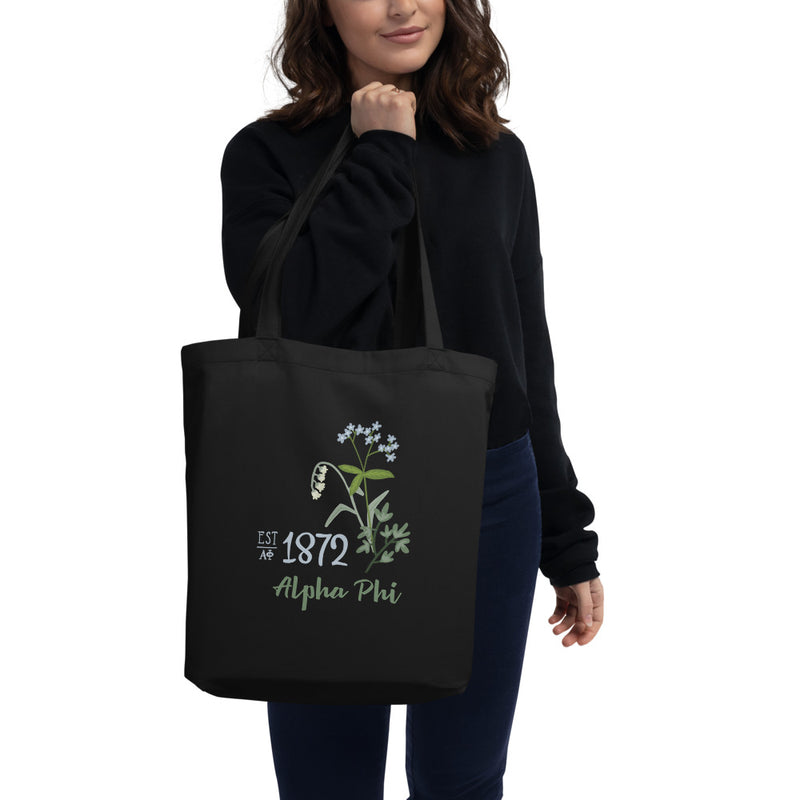 Alpha Phi 1872 Founders Day Eco Tote Bag shown i black on model