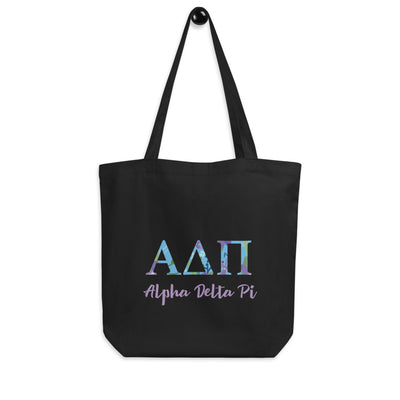 Alpha Delta Pi Greek Letters Eco Tote Bag shown in black on hook