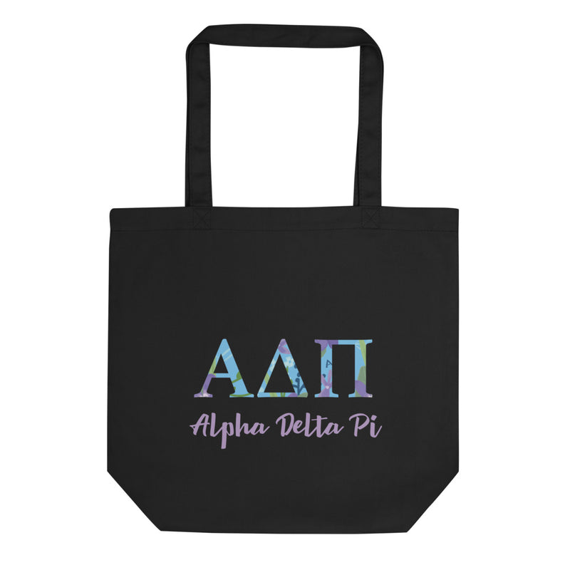 Alpha Delta Pi Greek Letters Eco Tote Bag shown in black, flat