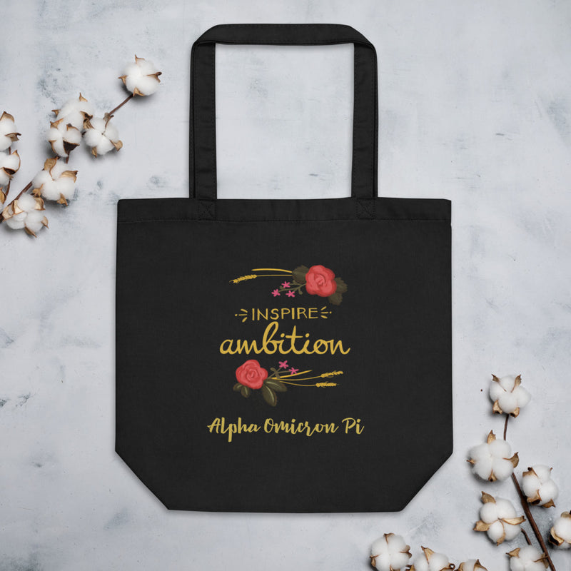 Alpha Omicron Pi Inspire Ambition Eco Tote Bag in black shown with cotton