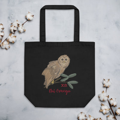 Chi Omega Owl Eco Tote Bag shown in black flat