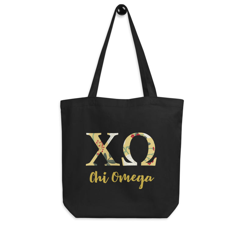 Chi Omega Greek Letters Eco Tote Bag in black shown on a hook