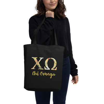 Chi Omega Greek Letters Eco Tote Bag in black on model