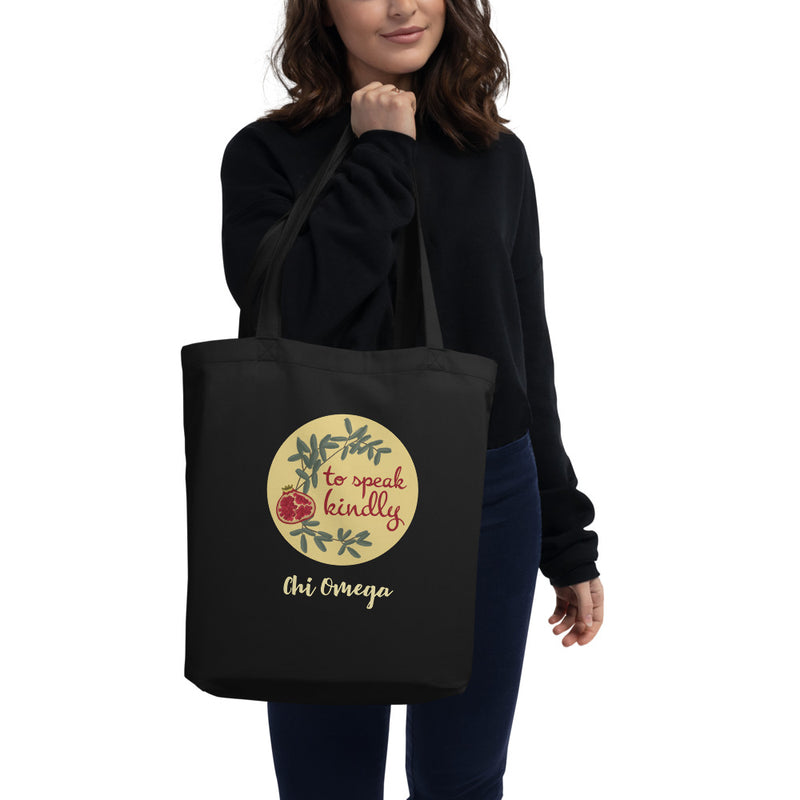 Chi Omega To Speak Kindly Eco Tote Bag in black on model&