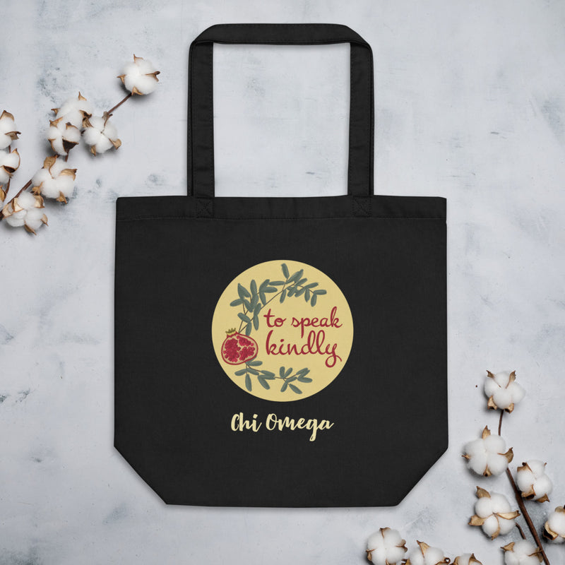 Chi Omega To Speak Kindly Eco Tote Bag shown flat with cotton blossoms
