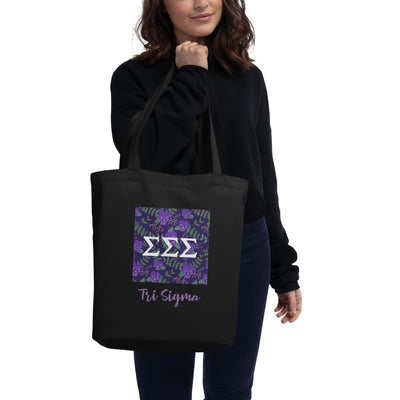 Tri Sigma Greek Letters Eco Tote Bag in black on model