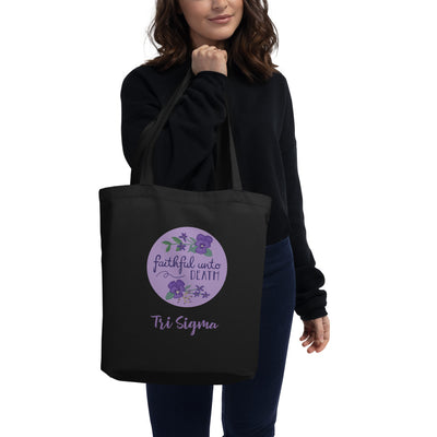 Tri Sigma Faithful Until Death Eco Tote Bag in black on model