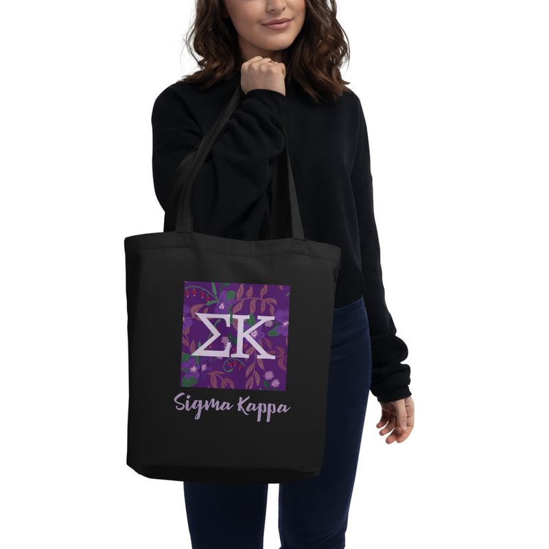 Sigma Kappa Greek Letters Eco Tote Bag in black on model