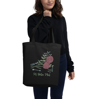 Pi Beta Phi Carnation and Arrow Eco Tote Bag on model in black