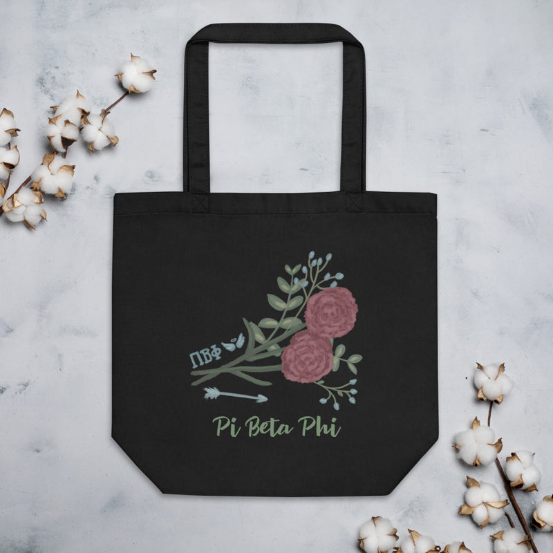 Pi Beta Phi Carnation and Arrow Eco Tote Bag in black shown flat