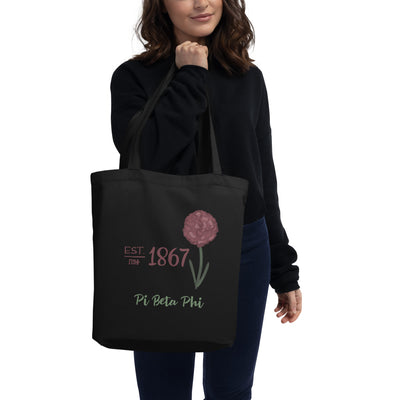 Pi Beta Phi 1867 Founding Date Eco Tote Bag in black on model