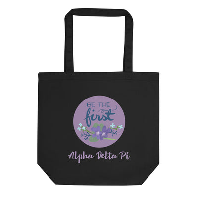 Alpha Delta Pi Be The First Eco Tote Bag shown in black