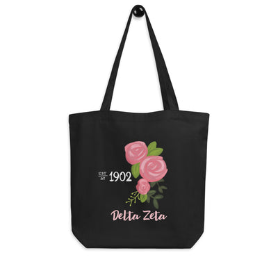 Delta Zeta 1902 Founders Day Eco Tote Bag in black showing hand-drawn 1902 design