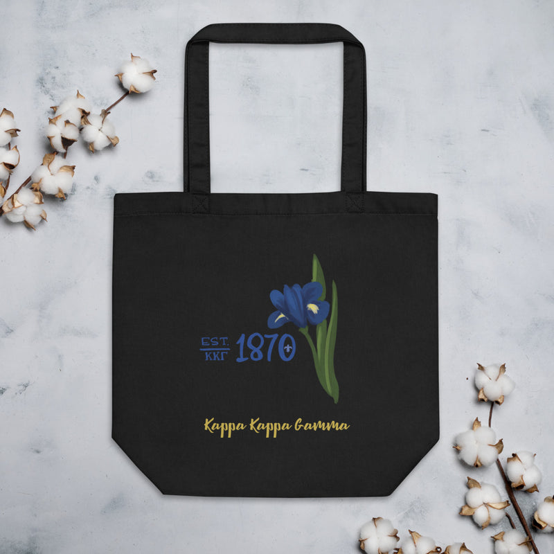 Kappa Kappa Gamma 1870 Founding Date and a blue iris printed on a black canvas shopping tote.