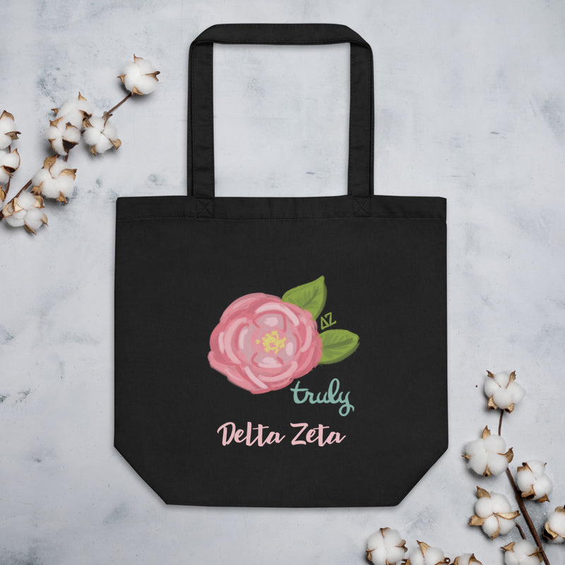 Delta Zeta Truly Eco Tote Bag shown flat with cotton