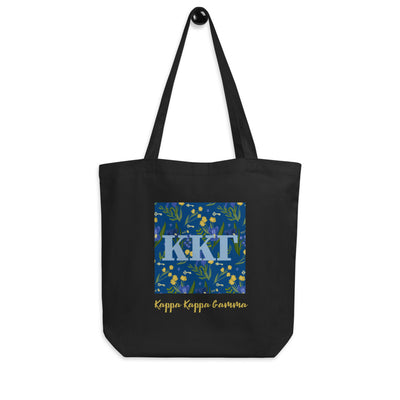 Kappa Kappa Gamma Greek Letters Eco Tote bag in black canvas shown on a hook.