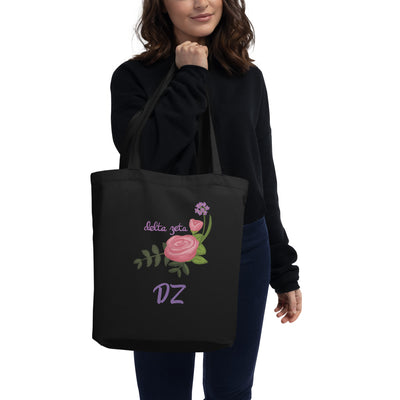 Delta Zeta Pink Killarney Rose Tote Bag in black shown on model