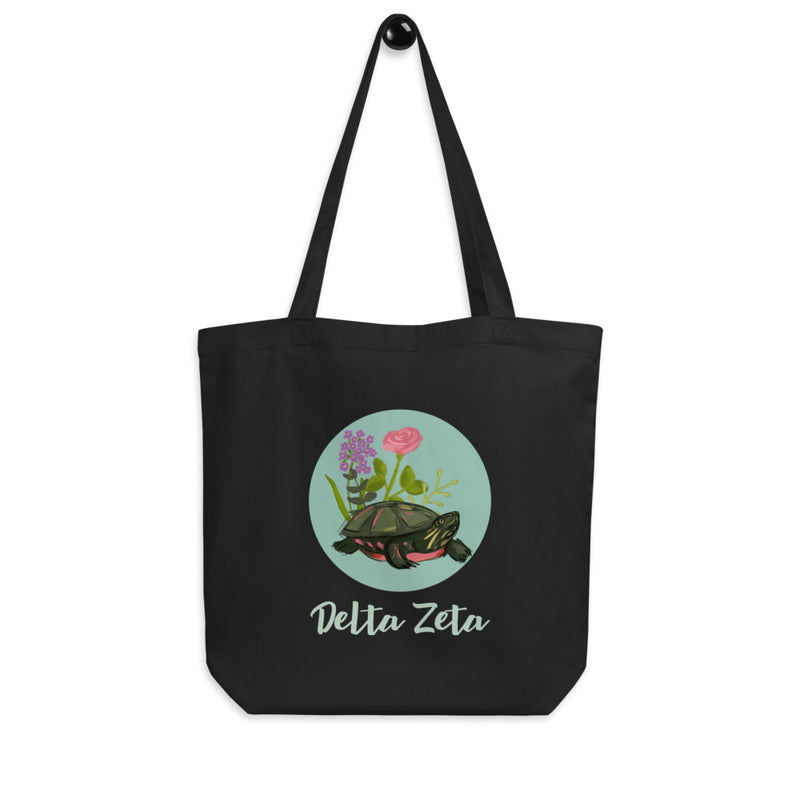 Delta Zeta Tortoise Eco Tote Bag in black on hook