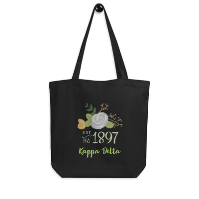 Kappa Delta 1897 Founding Date Eco Tote Bag shown on hook in black