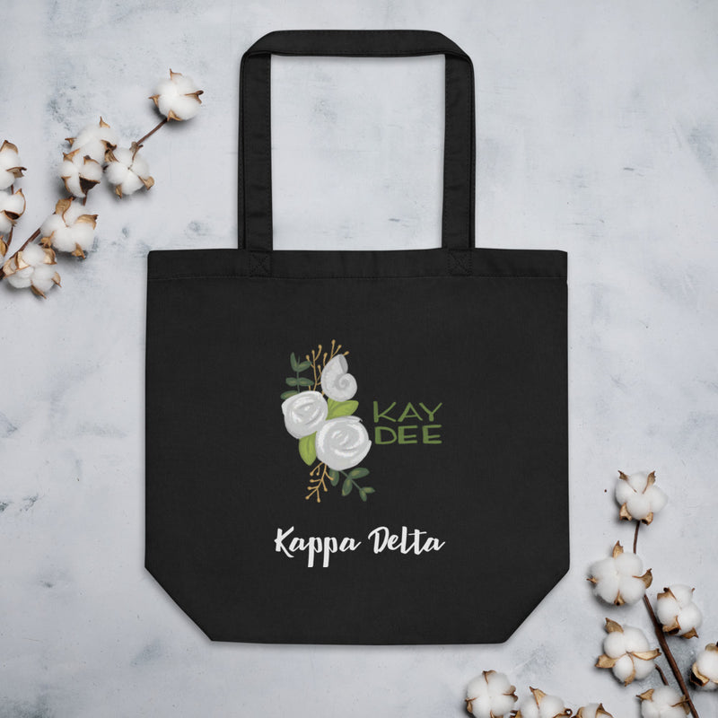 Kappa Delta Kay Dee White Rose Eco Tote Bag shown flat with cotton