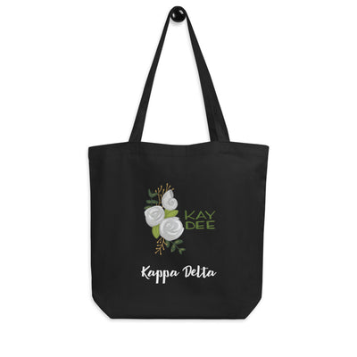 Kappa Delta Kay Dee White Rose Eco Tote Bag shown on hook in black