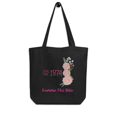 Gamma Phi Beta 1874 Founders Day Eco Tote Bag in black on hook