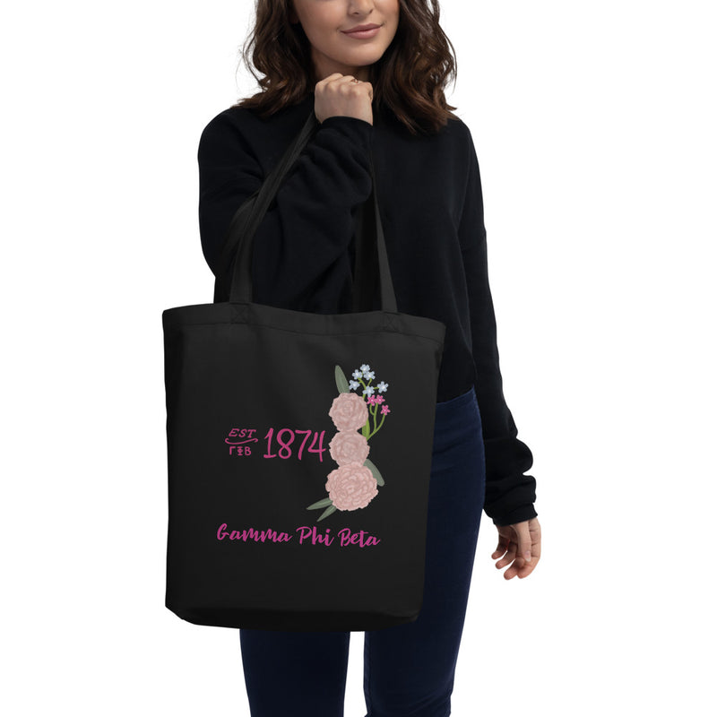 Gamma Phi Beta 1874 Founders Day Eco Tote Bag in black on model