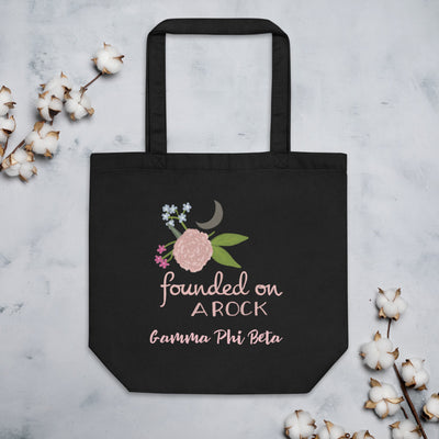 Gamma Phi Beta Founded on a Rock Eco Tote Bag in black shown flat
