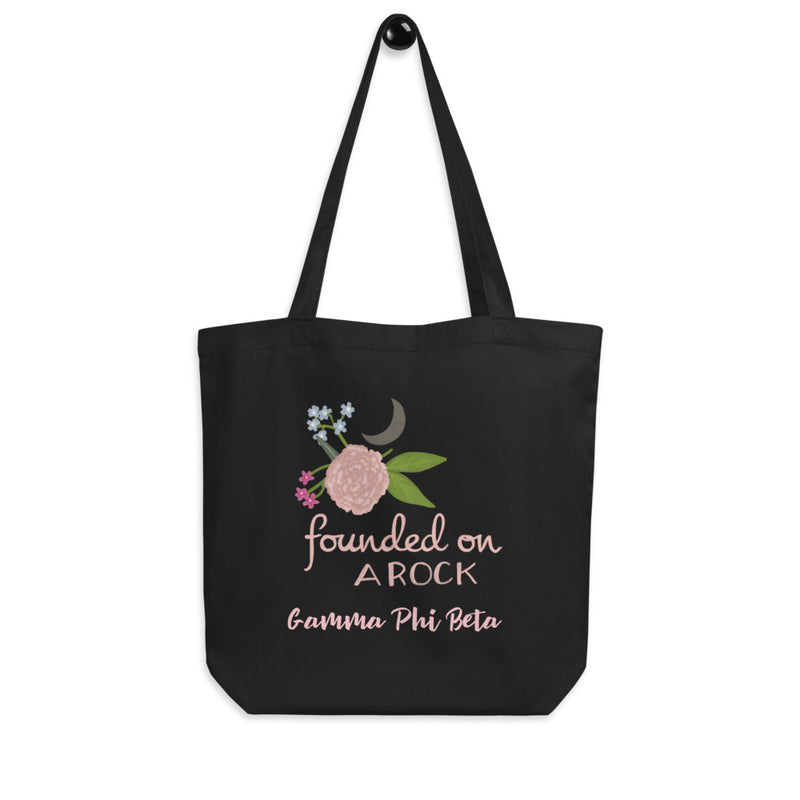 Gamma Phi Beta Founded on a Rock Eco Tote Bag in black on a hook