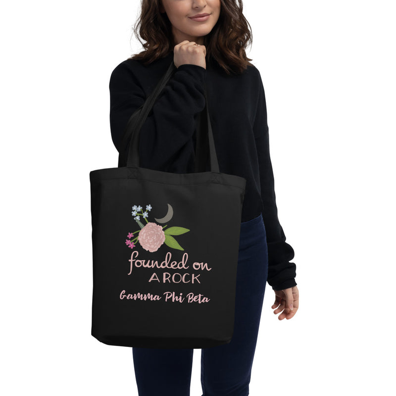 Gamma Phi Beta Founded on a Rock Eco Tote Bag in black on model
