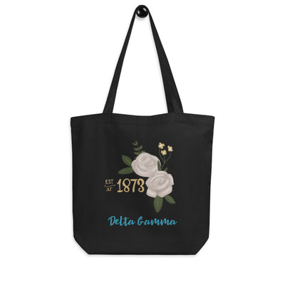 Delta Gamma 1873 Founders Day Eco Tote Bag shown in black on hook