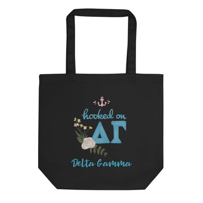 Delta Gamma Hooked on DG Eco Tote Bag shown in black laying flat