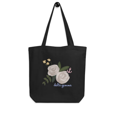 Delta Gamma Rose and Anchor Eco Tote Bag in black shown on hook
