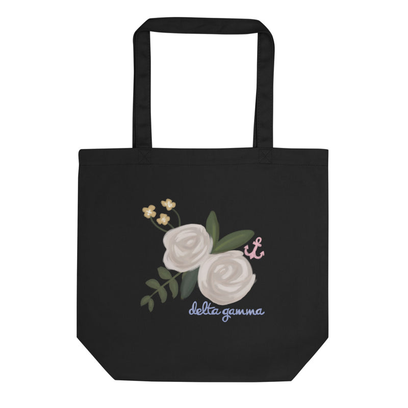 Delta Gamma Rose and Anchor Eco Tote Bag in black shown flat