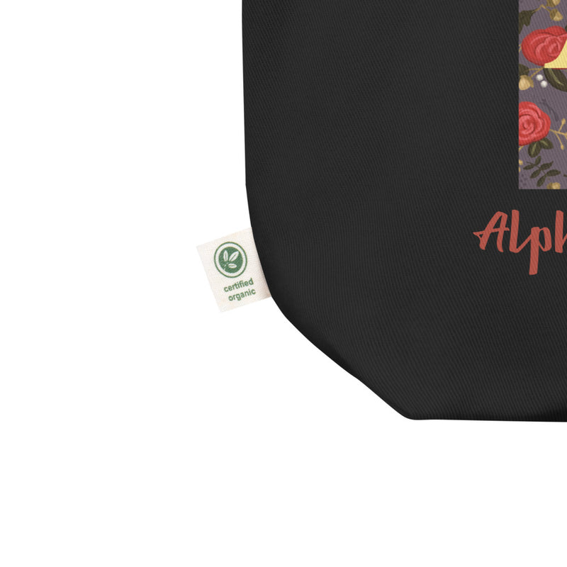Alpha Gamma Delta Greek Letters Eco Tote Bag in black showing certified organic tag