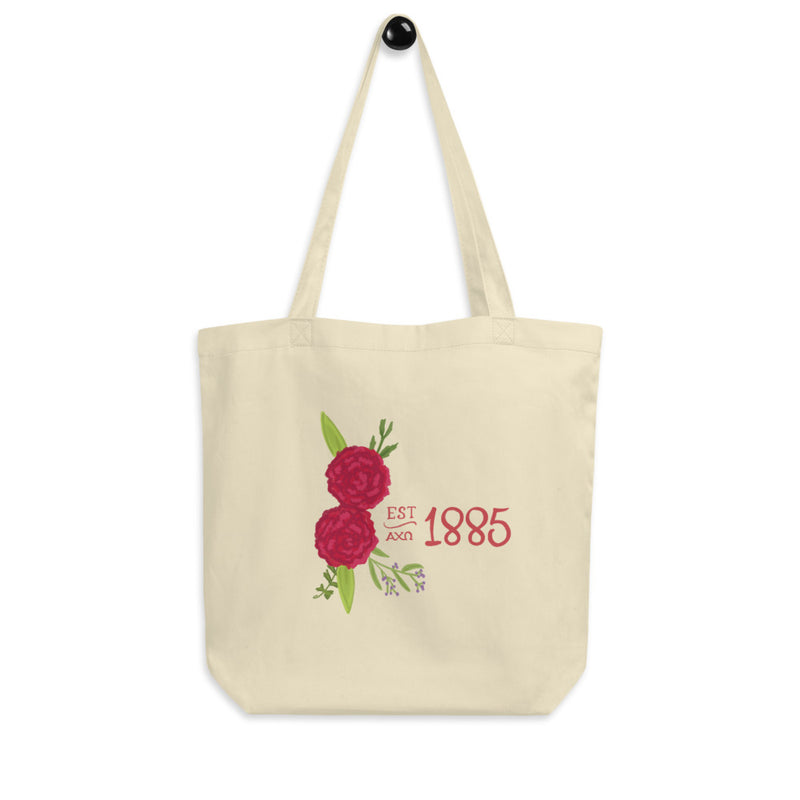 Alpha Chi Omega 1885 Founding Date Eco Tote Bag in natural oyster shown on hook