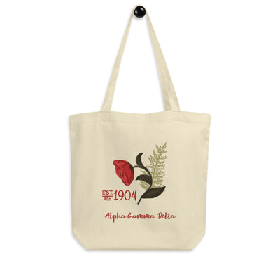 Alpha Gamma Delta Founders Day Eco Tote Bag in natural oyster color shown on hook