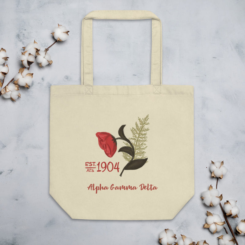 Alpha Gamma Delta Founders Day Eco Tote Bag in oyster shown with cotton blossoms