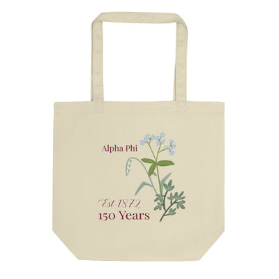 Alpha Phi 150th Anniversary Eco Tote Bag shown flat in natural oyster color