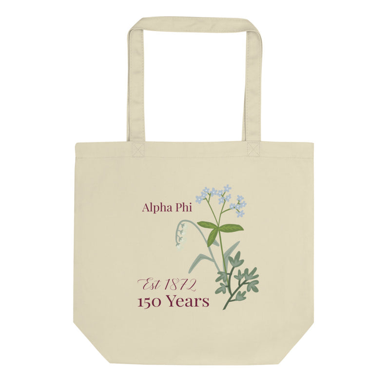 Alpha Phi 150th Anniversary Eco Tote Bag shown flat in natural oyster color