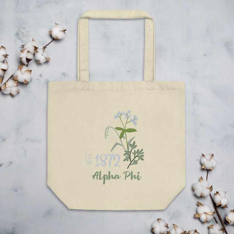 Alpha Phi 1872 Founders Day Eco Tote Bag shown flat in natural oyster color