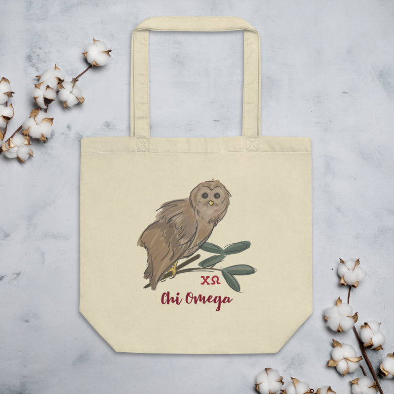 Chi Omega Owl Eco Tote Bag in natural oyster shown flat