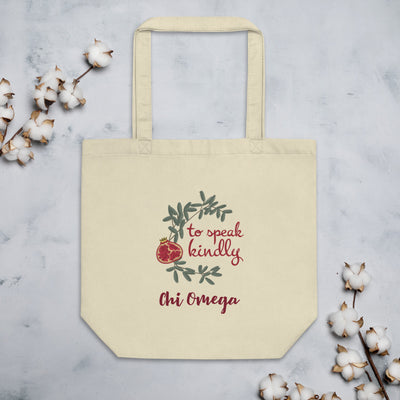 Chi Omega To Speak Kindly Eco Tote Bag shown flat with cotton