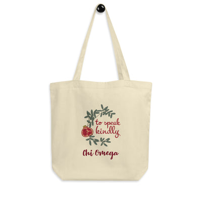 Chi Omega To Speak Kindly Eco Tote Bag shown on a hook