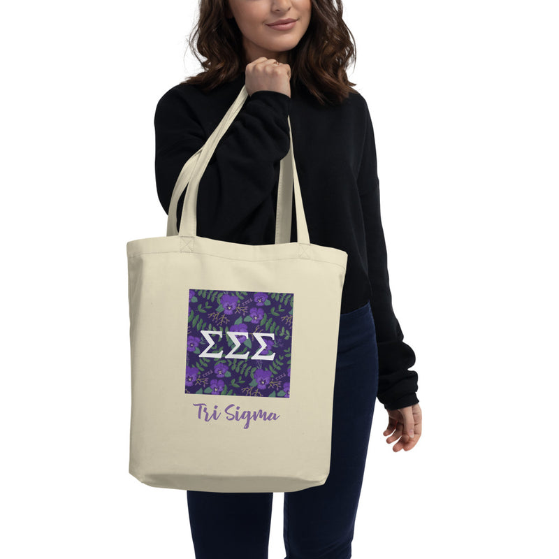 Tri Sigma Greek Letters Eco Tote Bag in natural on model