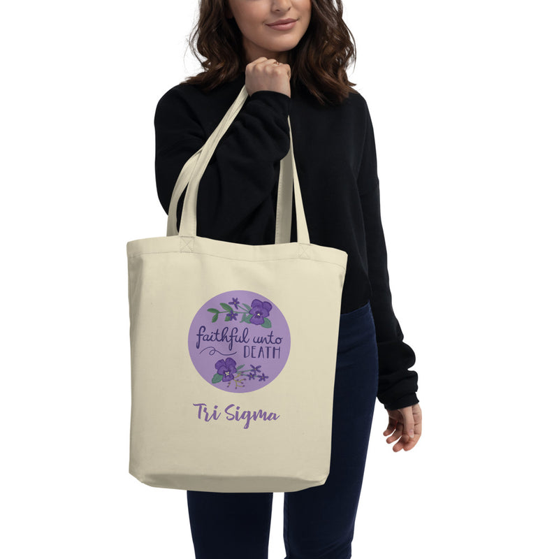 Tri Sigma Faithful Until Death Eco Tote Bag in natural oyster on model